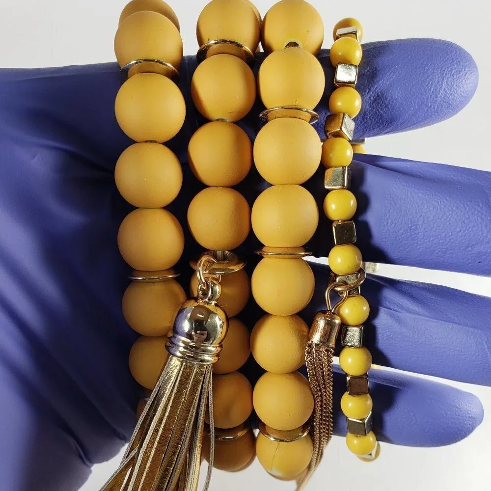 Set of 4 Yellow Beaded Tassel Colorful Bracelet– Stretchy Layered Boho Chic